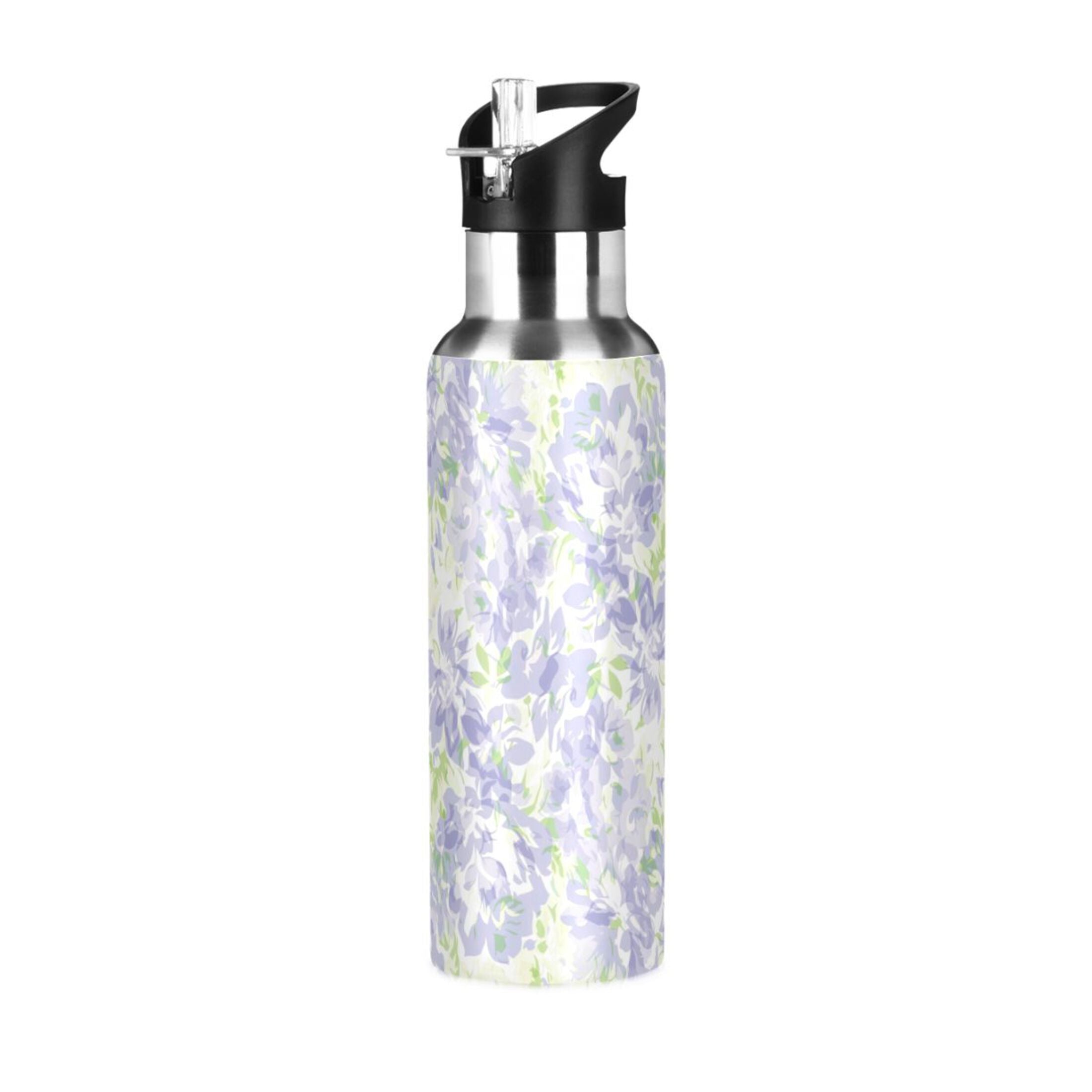 Purple Green Floral Stainless Steel Water Bottle with Straw Lid 20 OZ C688