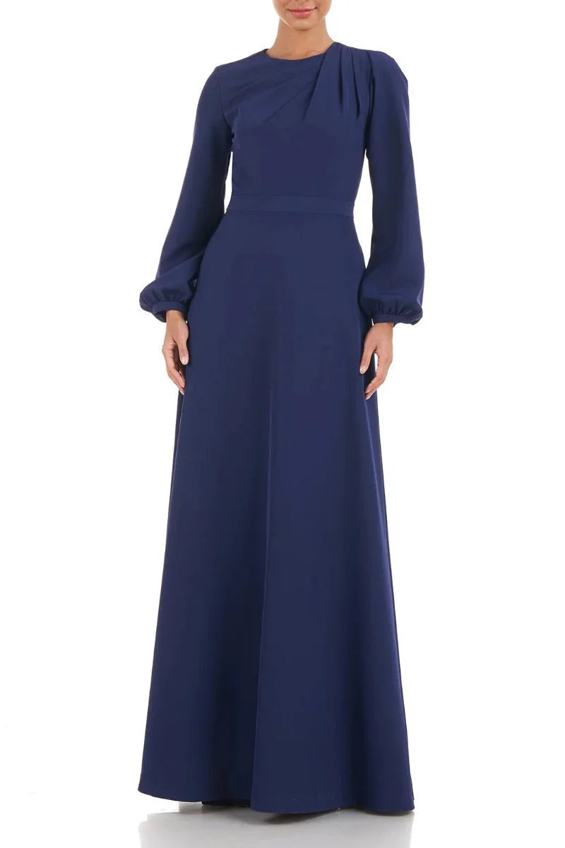 Crew Neck Long Sleeve A-Line Stretch Crepe Dress V1193