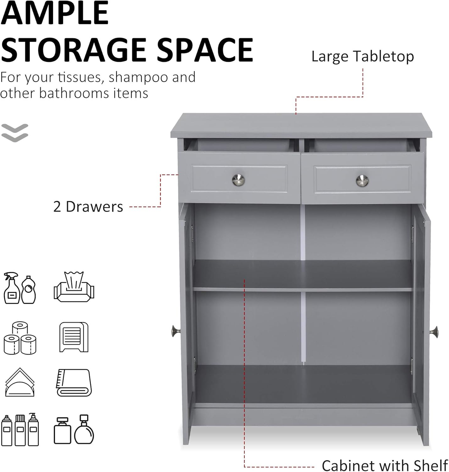 Grey Freestanding Bathroom Storage Cabinet with 2 Door, 2 Drawers, Adjustable Shelf Z31398