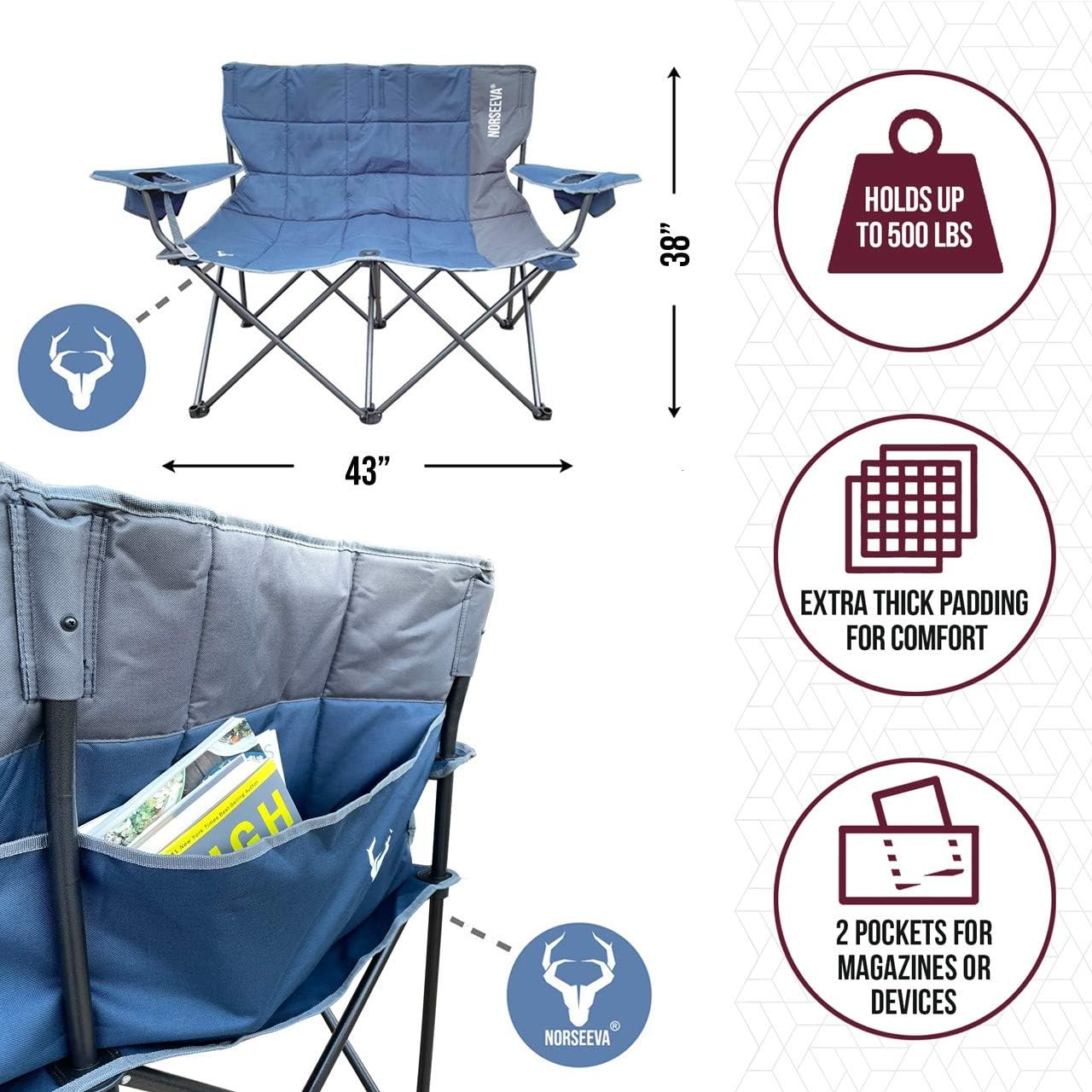 Heavy Duty Double Outdoor Folding Camping Chair with Bottle Opener, Ocean Blue and Charcoal E179553