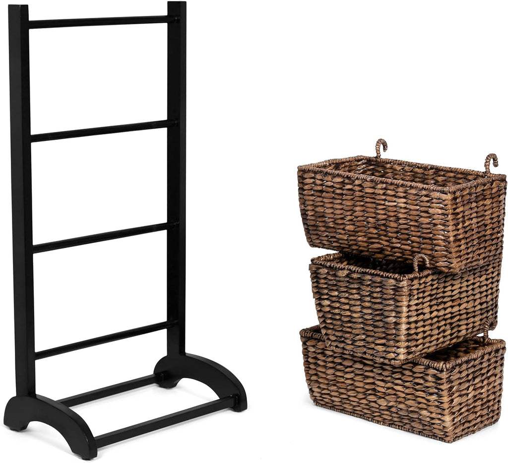 3-Tier Abaca Storage Organizer Shelf with Solid Wood Frame and 3 Baskets B4370