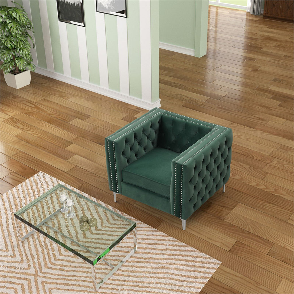 Dark Green 3-PC Velvet Loveseat and 2 Chairs Set W2456
