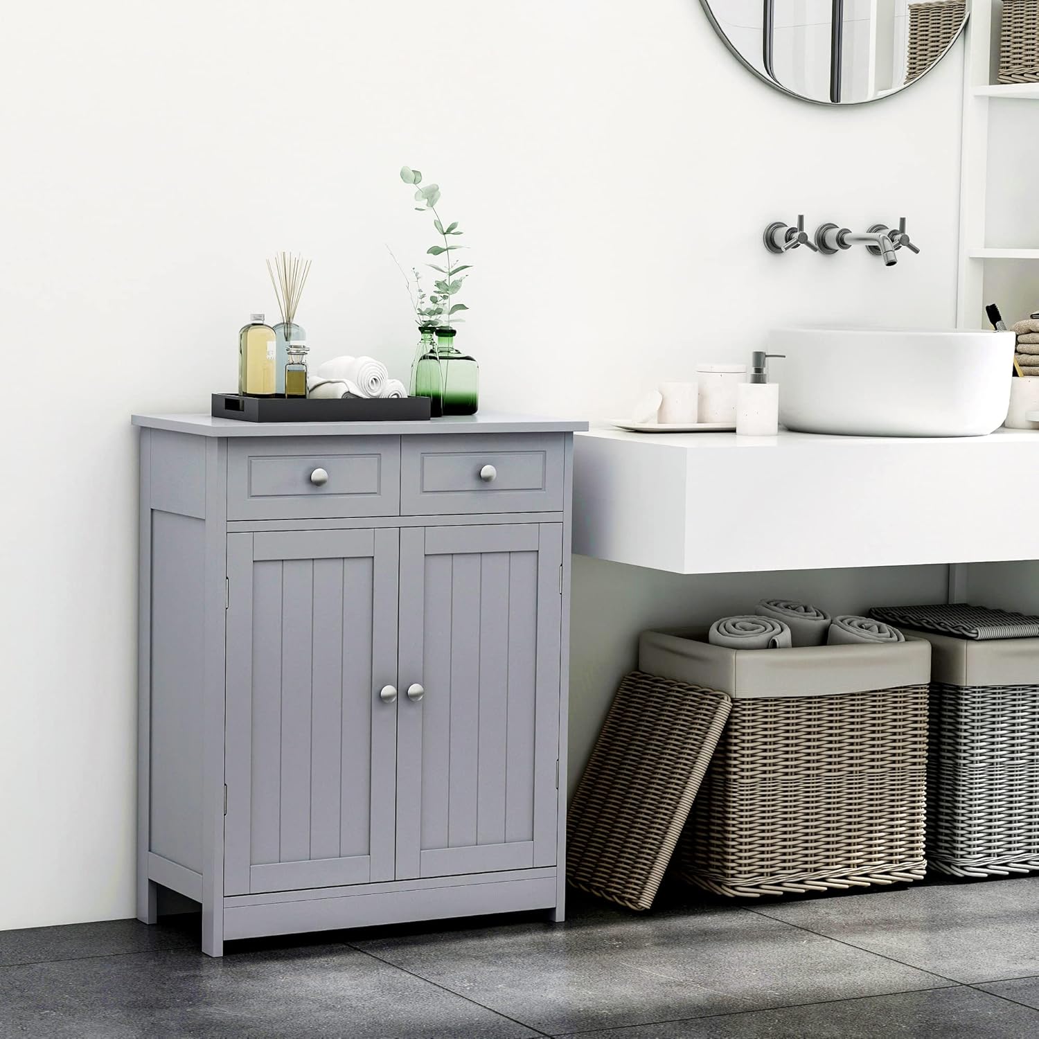 Grey Freestanding Bathroom Storage Cabinet with 2 Door, 2 Drawers, Adjustable Shelf Z31398