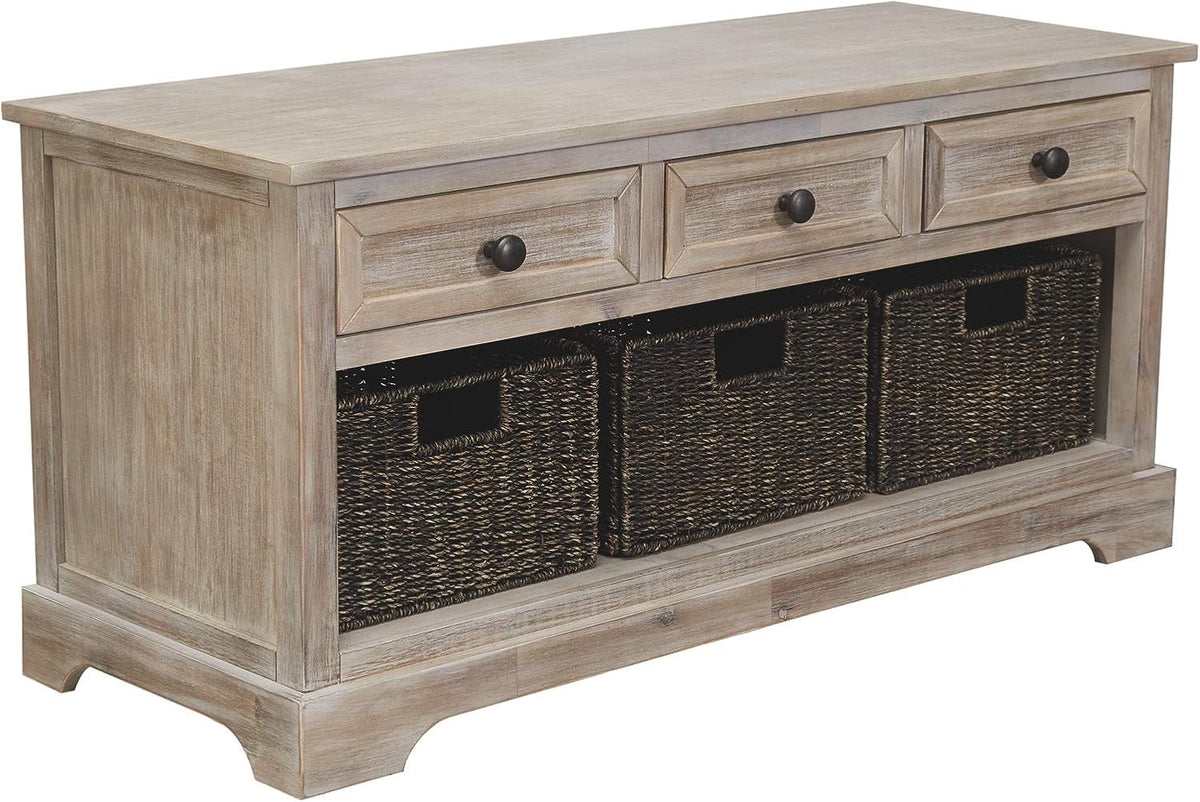 Beige Carved Wood Storage Bench with Hinge Top V878