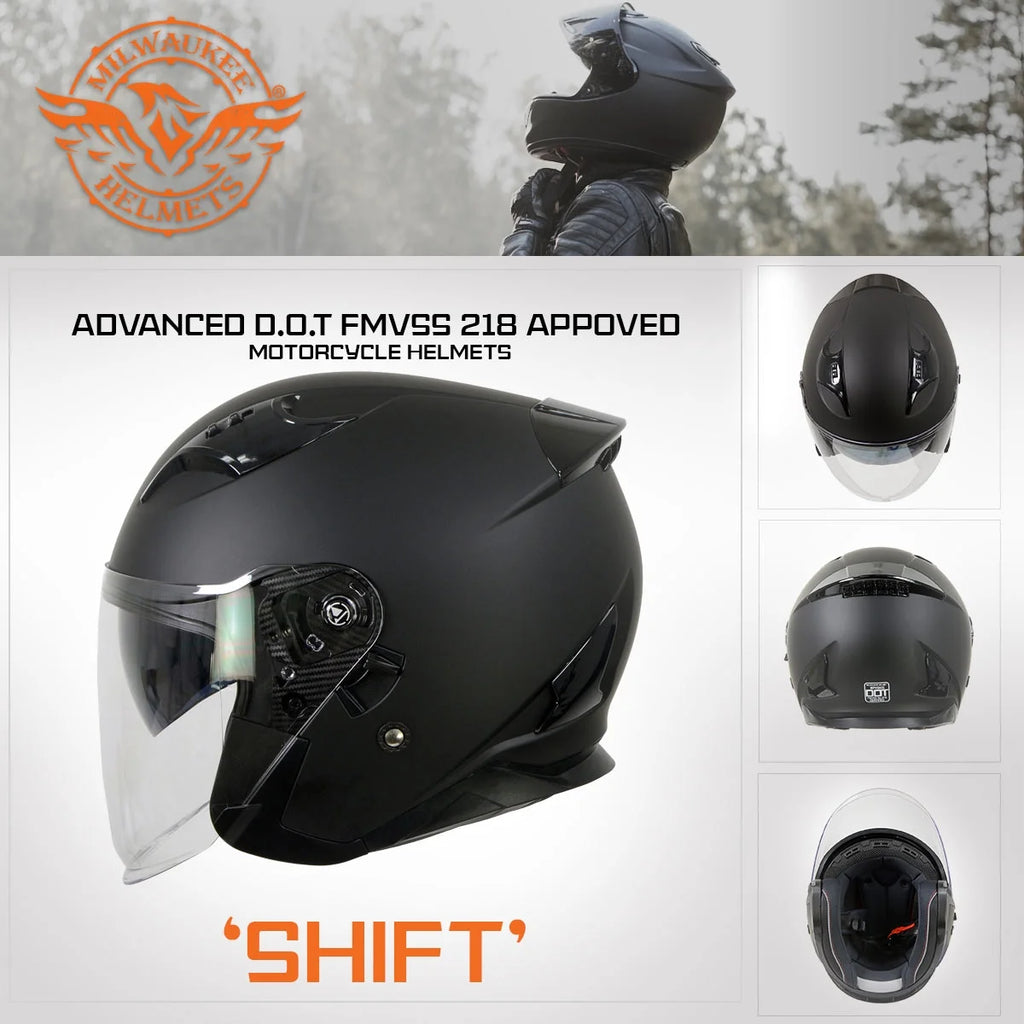 Matte Black Open Face 3/4 Helmet with Drop Down Tinted Visor Y1686