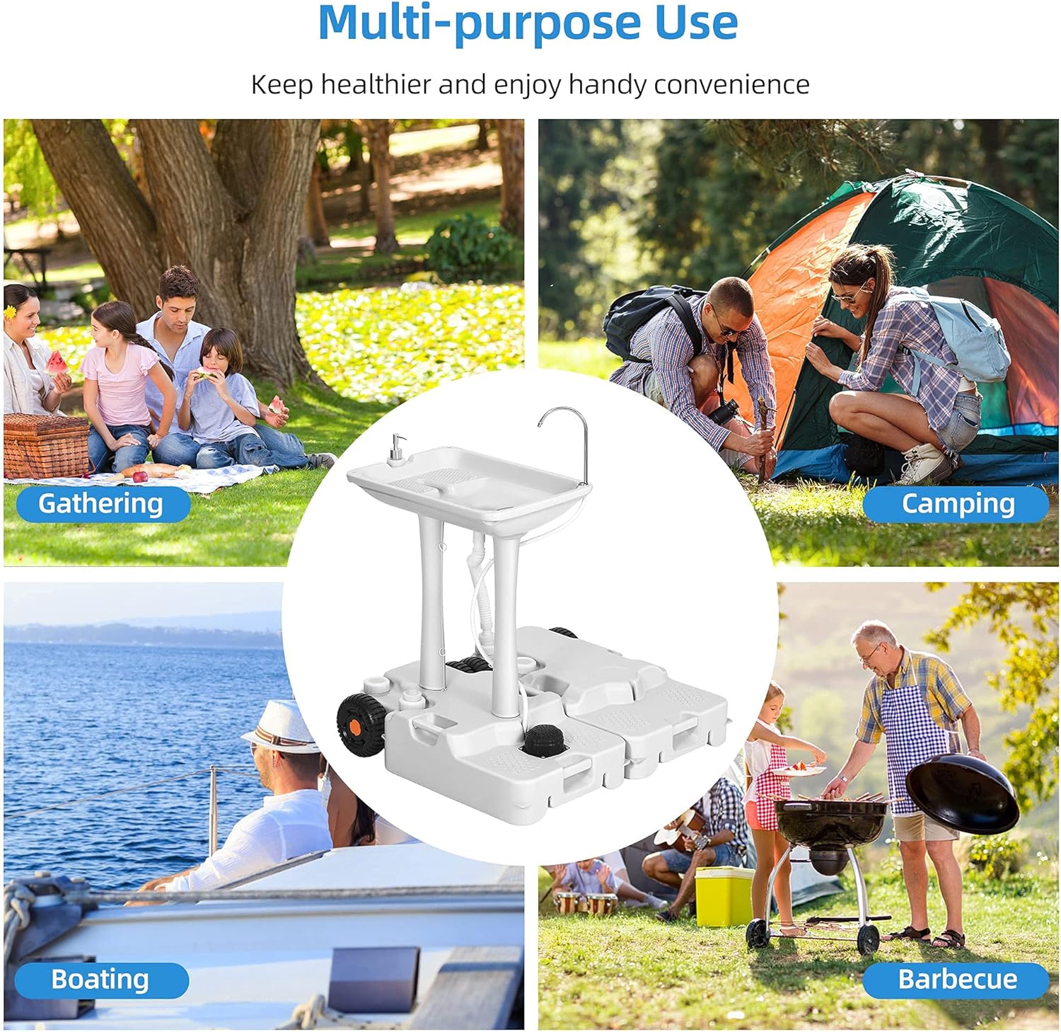 Portable Sink Camping 30 L with Rolling Wheels, Hand Washing Station with 30 L Sewage Tank U75335
