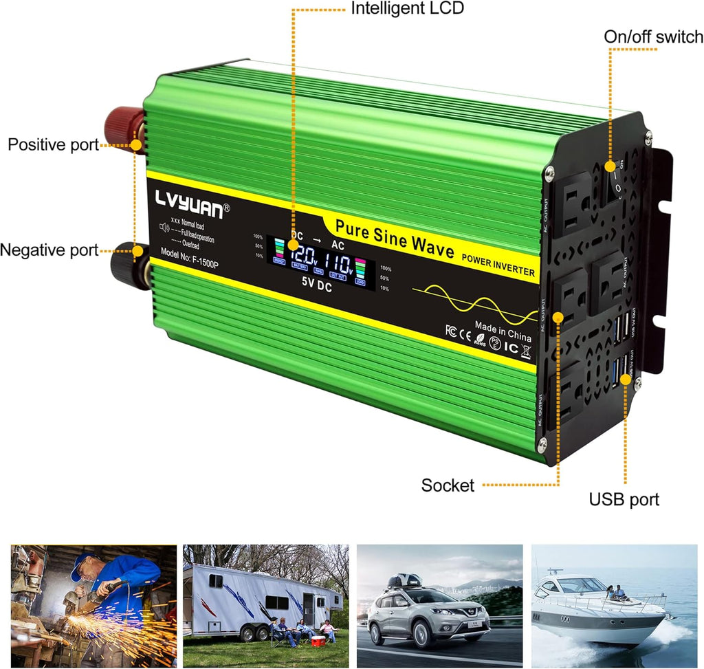 Pure Sine Wave Inverter 1600 Watts 12V to 110V DC to AC with Remote Controller LCD Display 4 AC Sockets 4 USB Ports R192118