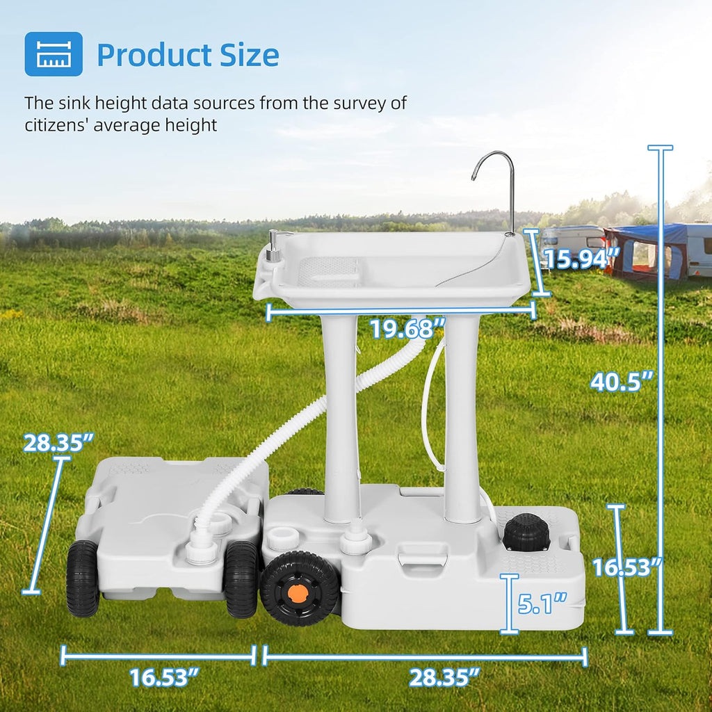 Portable Sink Camping 30 L with Rolling Wheels, Hand Washing Station with 30 L Sewage Tank U75335