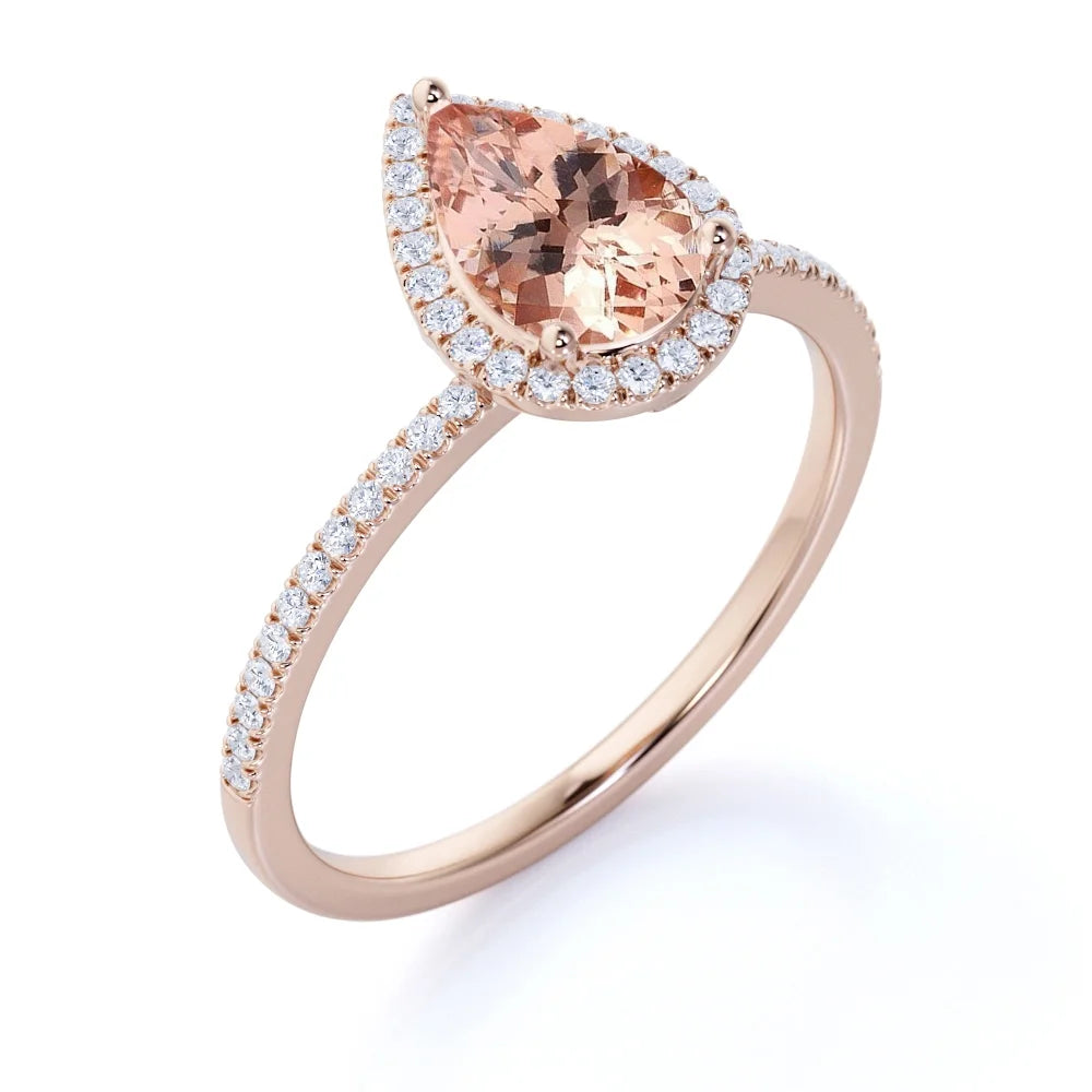 Pear Cut Peach Pink Morganite Halo Engagement Ring in 18k Rose Gold over Silver U23140