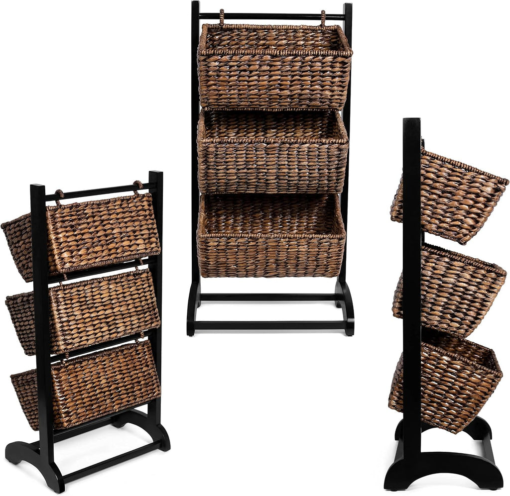 3-Tier Abaca Storage Organizer Shelf with Solid Wood Frame and 3 Baskets B4370