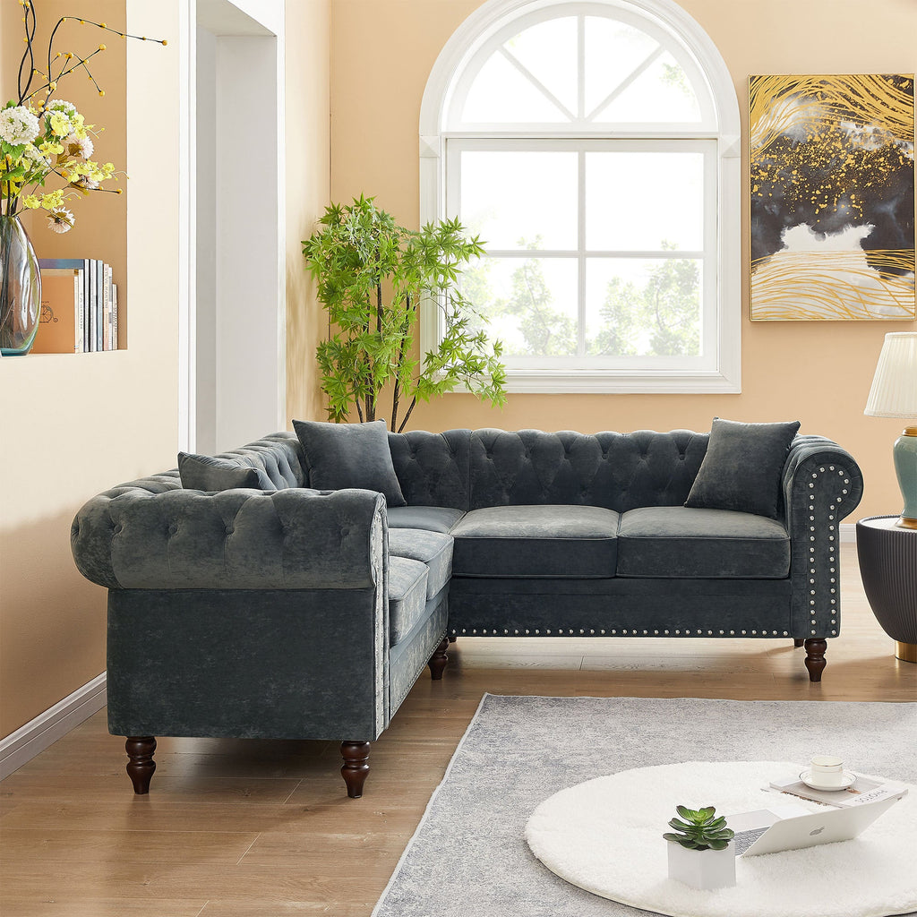 Gray Velvet Button Tufted L-shaped Sofa D53191