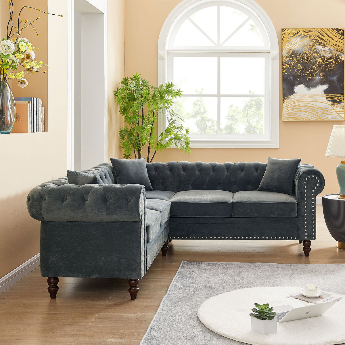 Gray Velvet Button Tufted L-shaped Sofa D53191