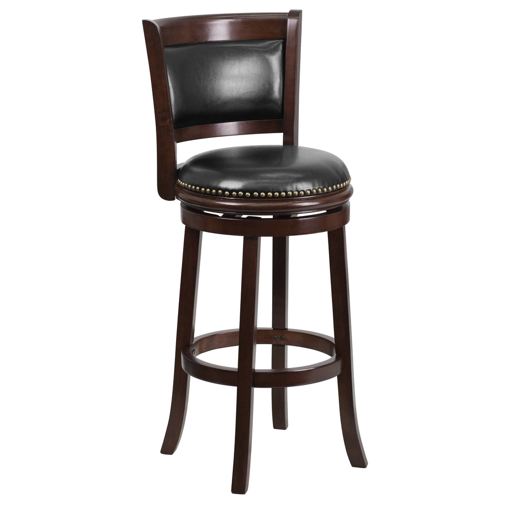 Cappuccino Wood Barstool with Black Leather Swivel Seat M288436