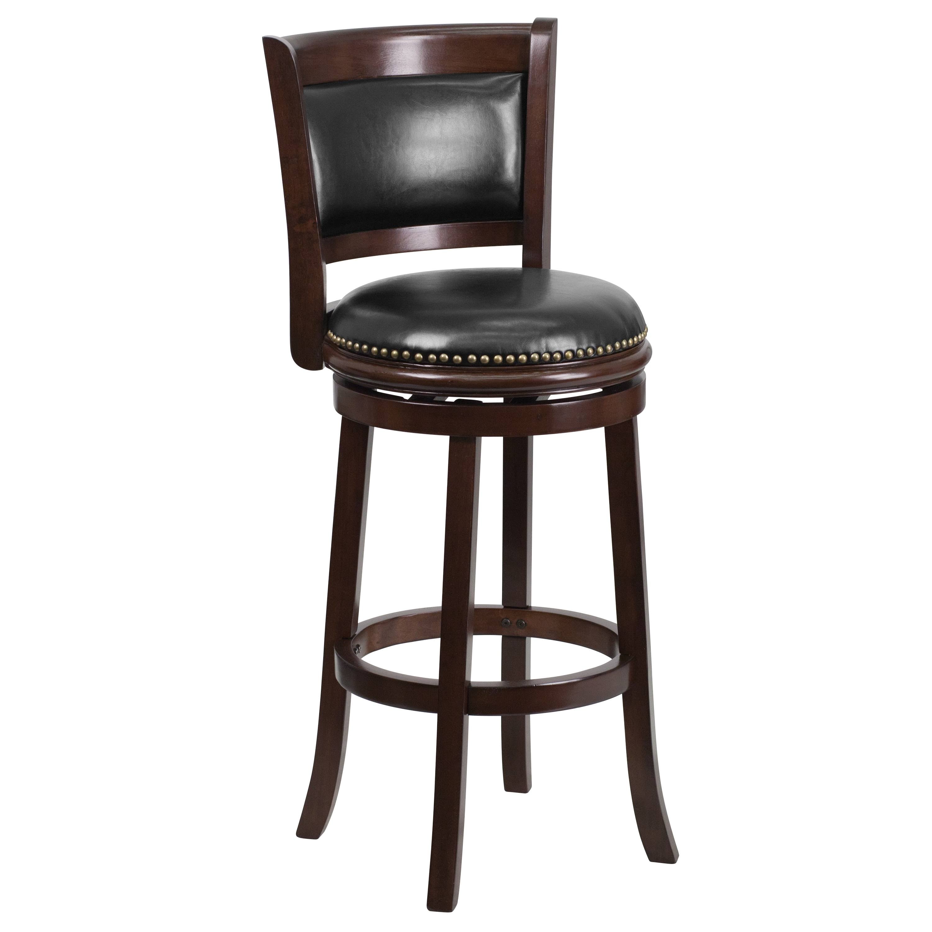 Cappuccino Wood Barstool with Black Leather Swivel Seat M288436