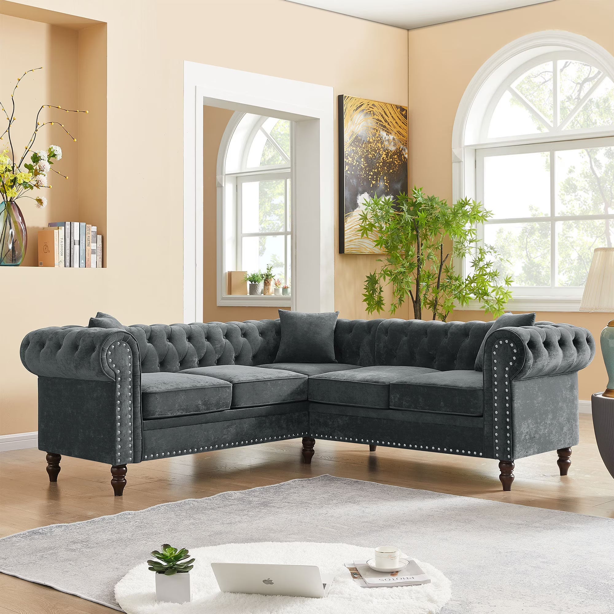 Gray Velvet Button Tufted L-shaped Sofa D53191
