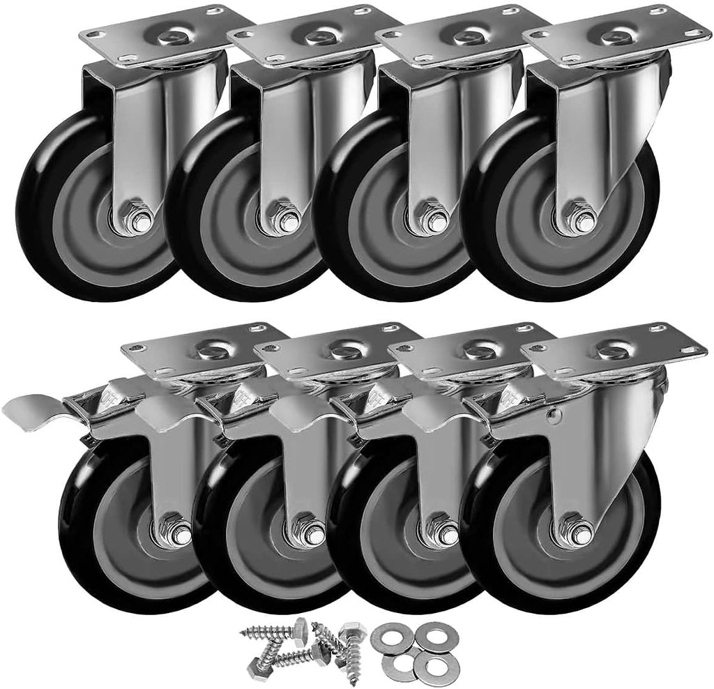 8 Pack 5 Inch Combo Caster Swivel Plate 4 w/Brake & 4 Plate Heavy Duty Red PU Wheels J4183