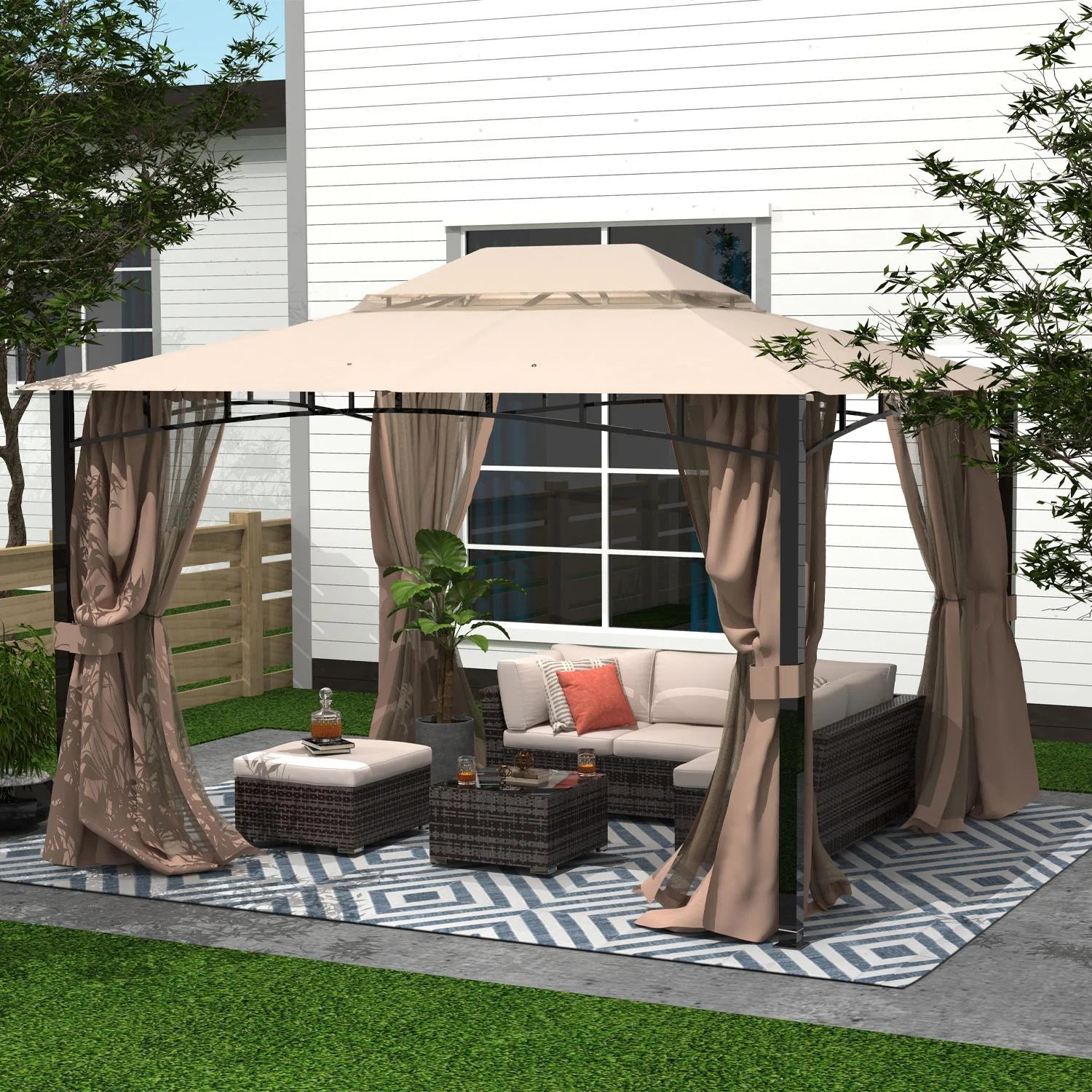 Sand Double Roof Patio Gazebo with Mosquito Netting U937