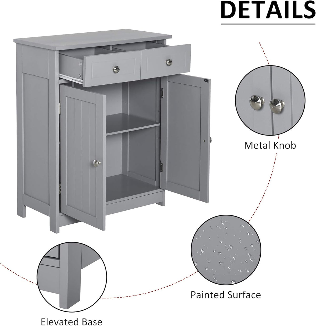 Grey Freestanding Bathroom Storage Cabinet with 2 Door, 2 Drawers, Adjustable Shelf Z31398