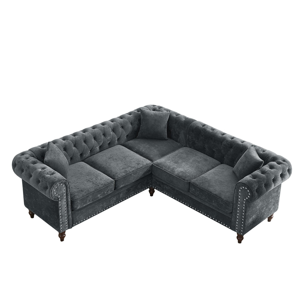 Gray Velvet Button Tufted L-shaped Sofa D53191
