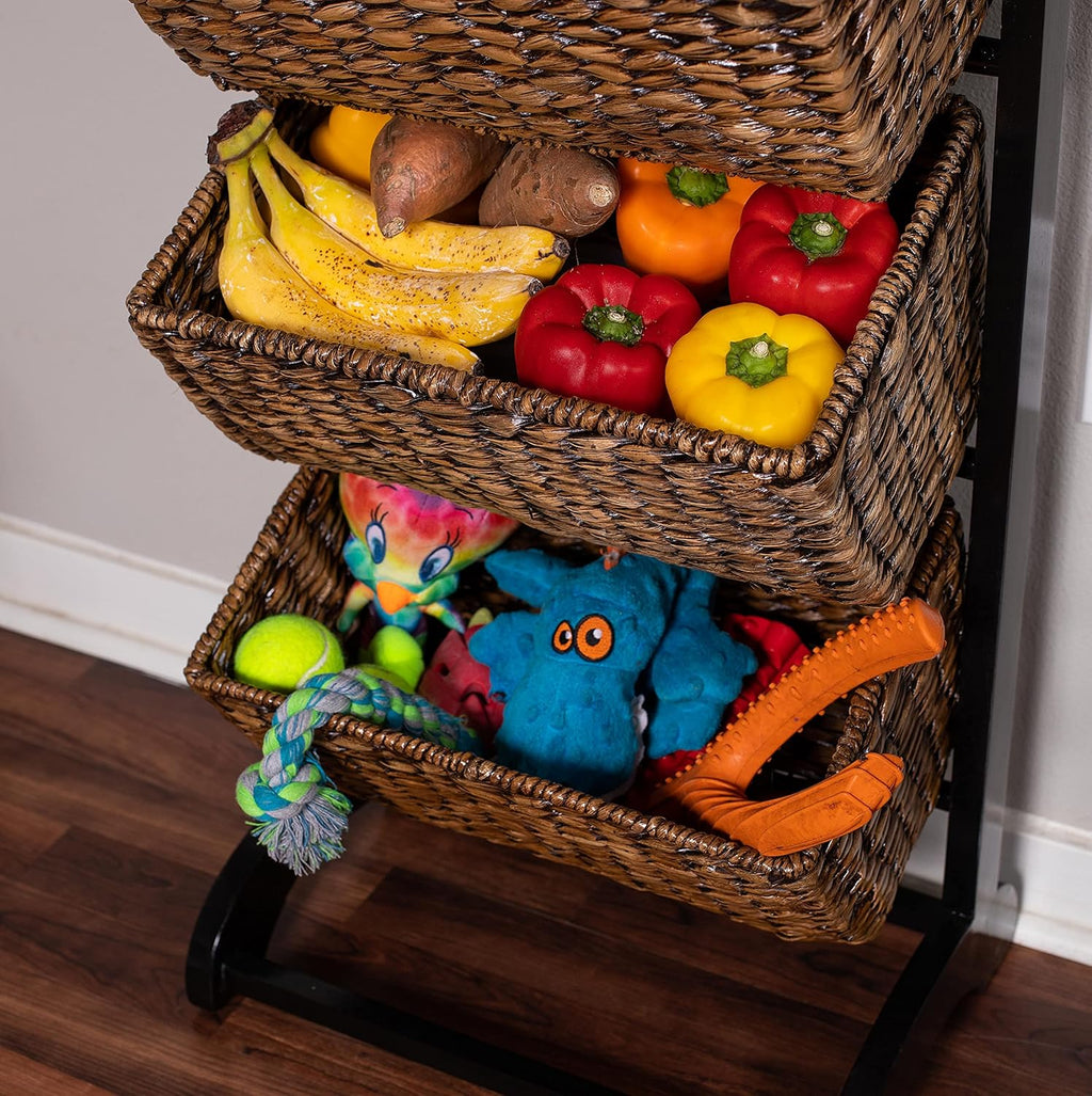 3-Tier Abaca Storage Organizer Shelf with Solid Wood Frame and 3 Baskets B4370
