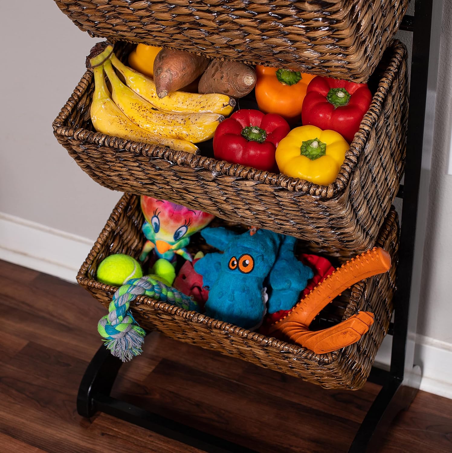 3-Tier Abaca Storage Organizer Shelf with Solid Wood Frame and 3 Baskets B4370