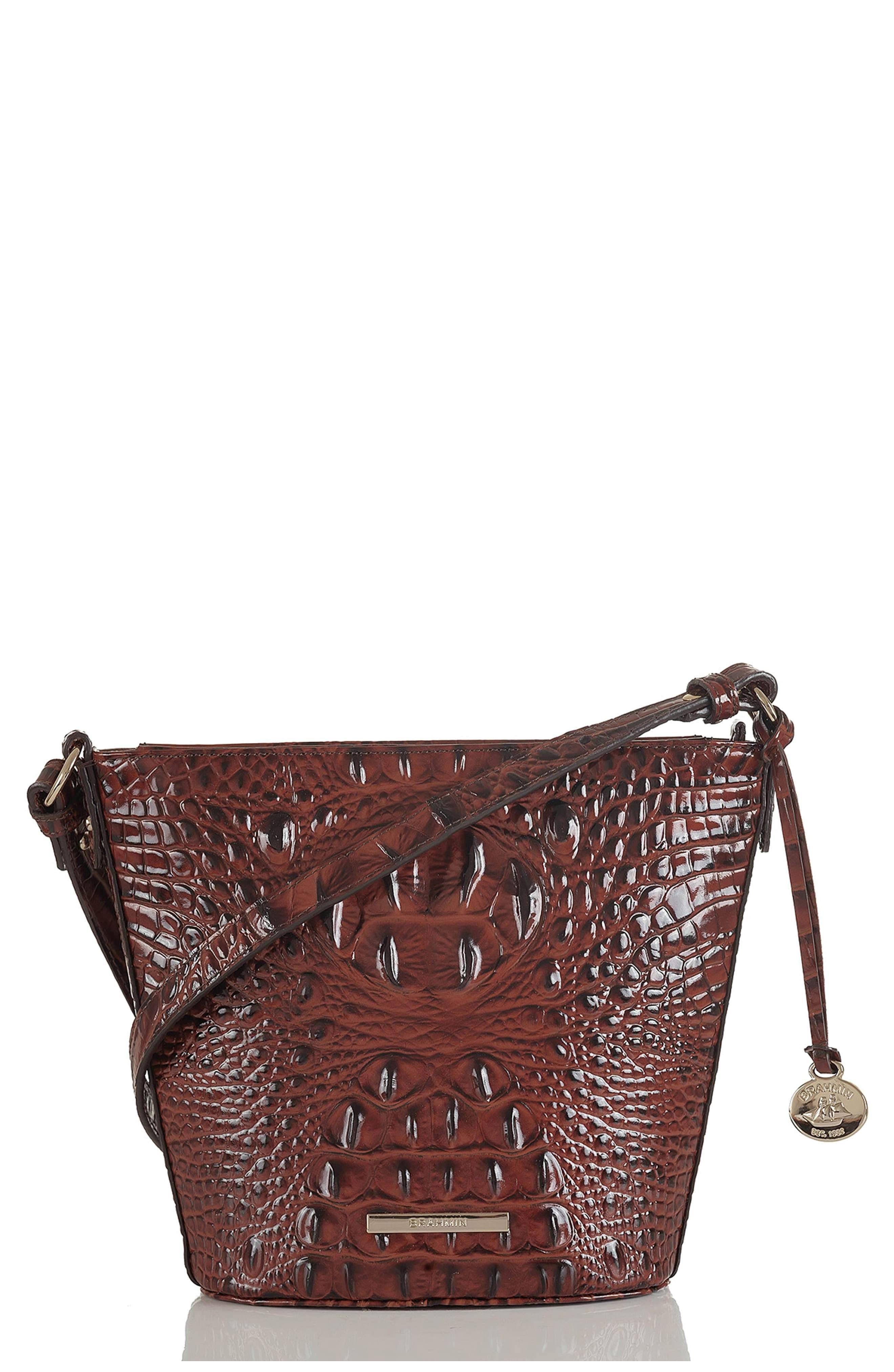 Pecan/Gold Embossed Leather Mini Crossbody P4492