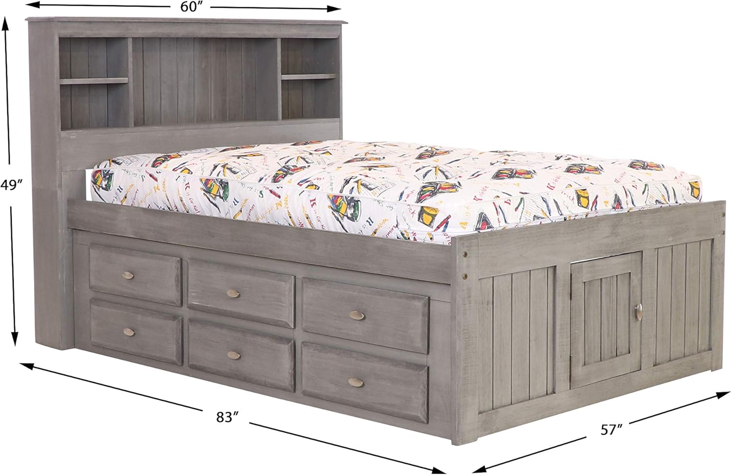 Charcoal Full Size Bookcase Captain Bed with 6 Drawer Storage B6129