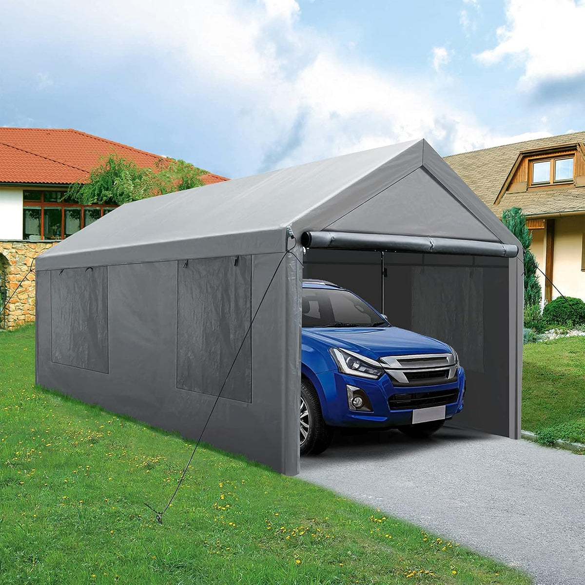 10x20ft Heavy Duty Carport with 8 Legs 4 Mesh Windows, Removable Walls&Doors C576