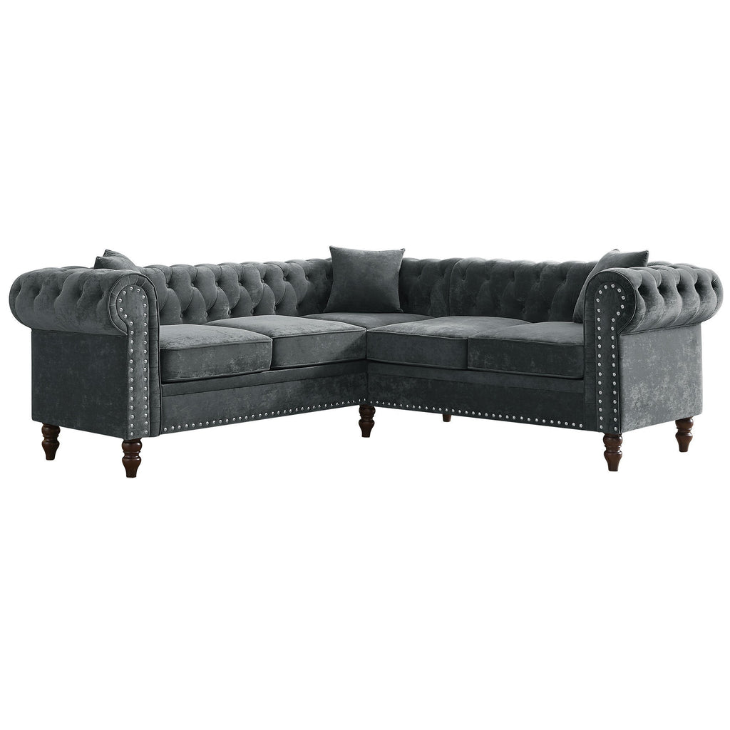 Gray Velvet Button Tufted L-shaped Sofa D53191