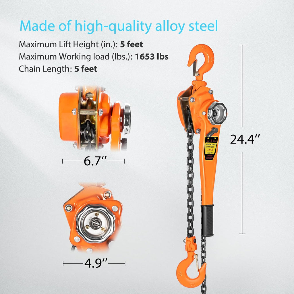 Lever Chain Hoist 3/4 Ton Capacity 5 Feet with 2 Hooks Pack of 2 U39672