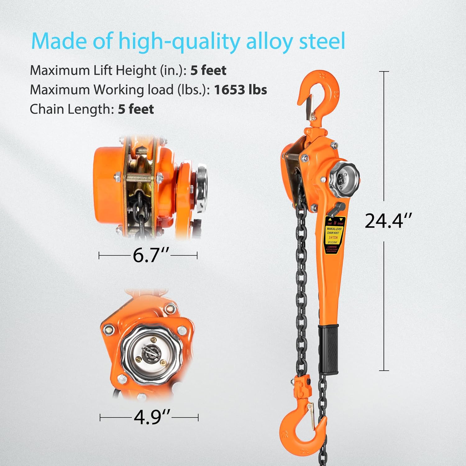 Lever Chain Hoist 3/4 Ton Capacity 5 Feet with 2 Hooks Pack of 2 U39672