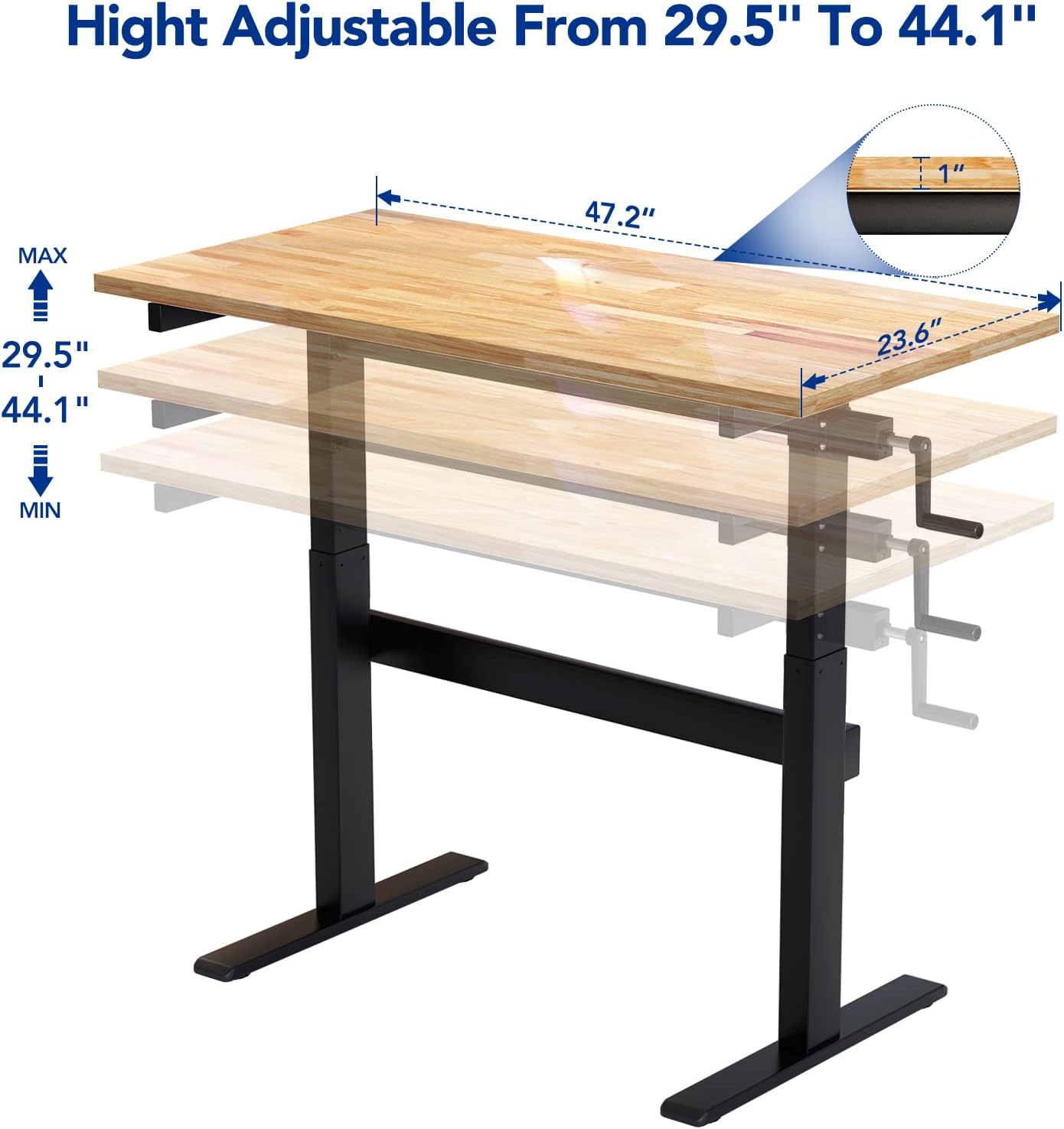 Height-Adjustable Work Table with Crank Handle, 500-lb Capacity Rubberwood Top T98598