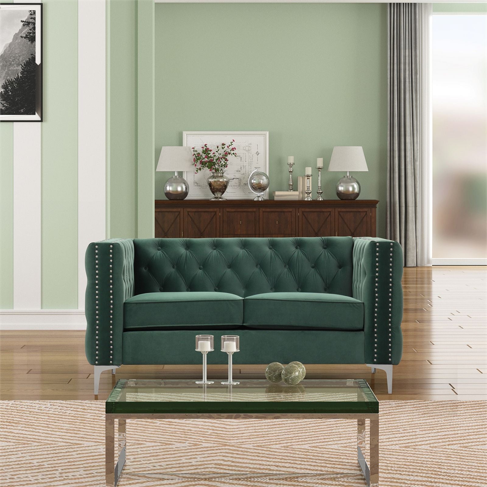 Dark Green 3-PC Velvet Loveseat and 2 Chairs Set W2456