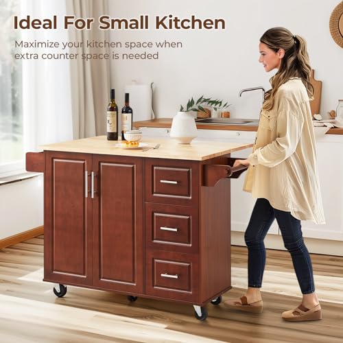 Black Rolling Kitchen Island with Storage and Drop Leaf D9267