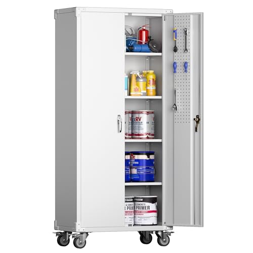 Lockable Rolling Steel Storage Cabinet with 5 Adjustable Shelves and Door (Black and Grey) W708