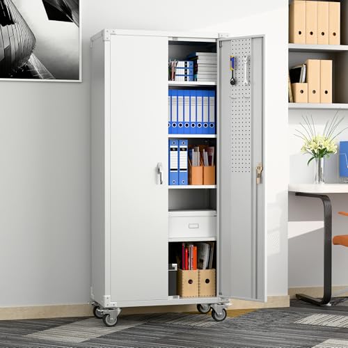 Lockable Rolling Steel Storage Cabinet with 5 Adjustable Shelves and Door (Black and Grey) W708