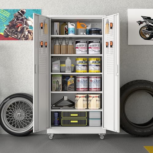 Lockable Rolling Steel Storage Cabinet with 5 Adjustable Shelves and Door (Black and Grey) W708