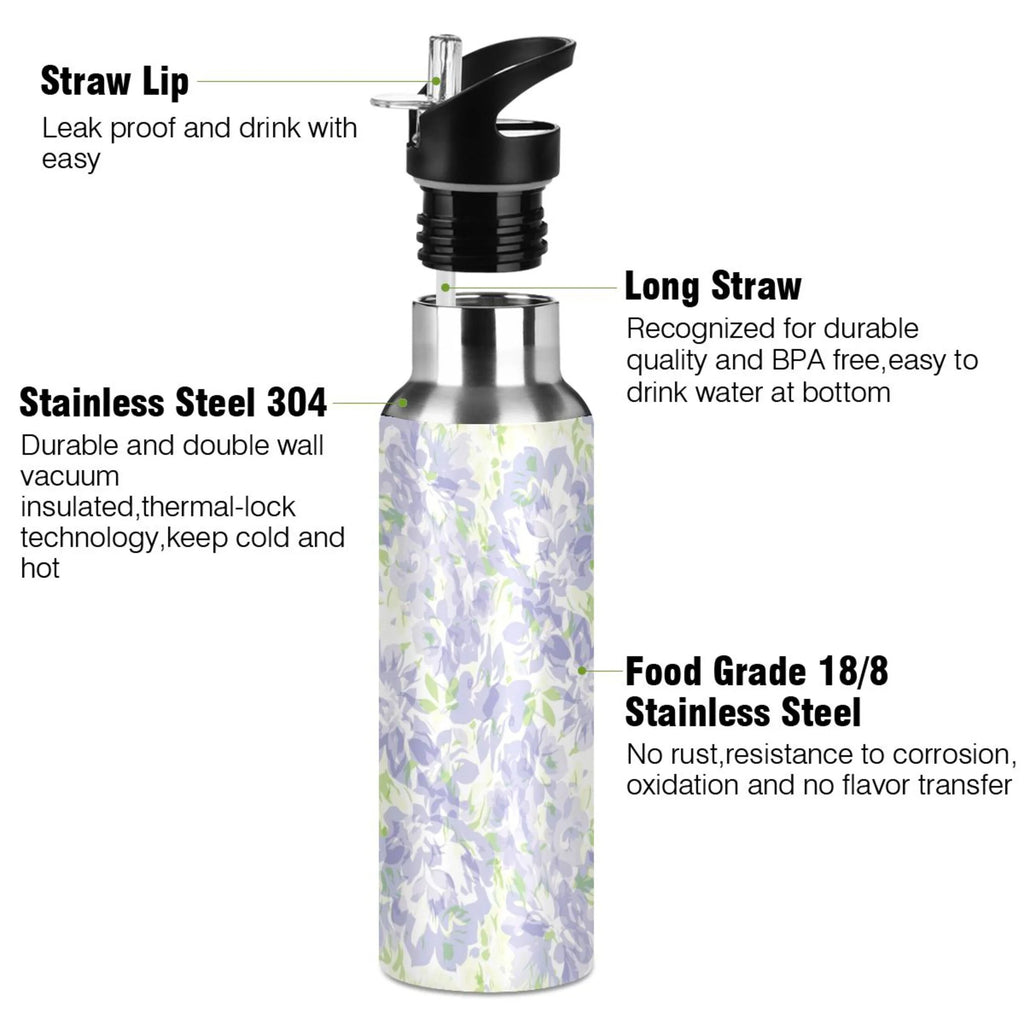 Purple Green Floral Stainless Steel Water Bottle with Straw Lid 20 OZ C688