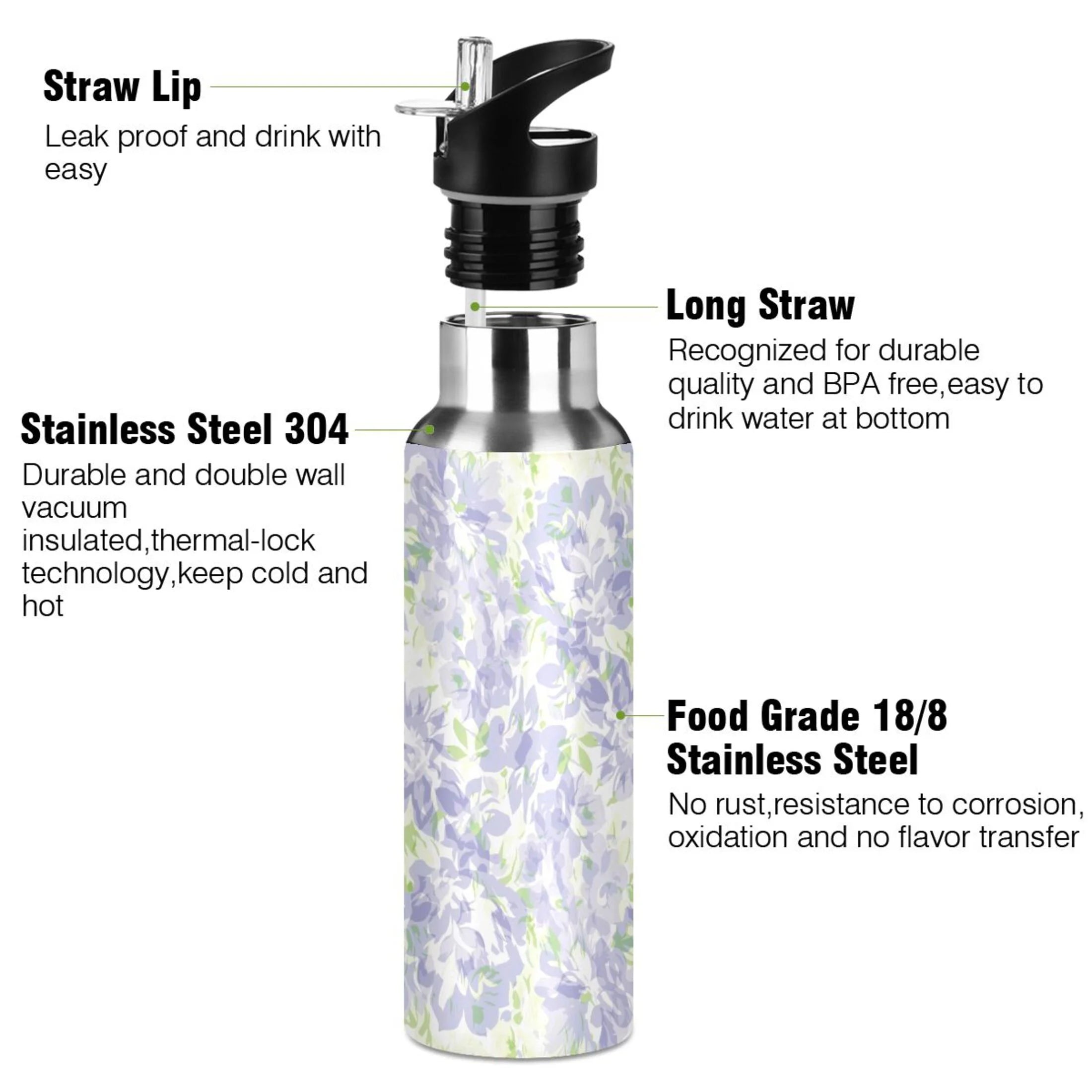 Purple Green Floral Stainless Steel Water Bottle with Straw Lid 20 OZ C688