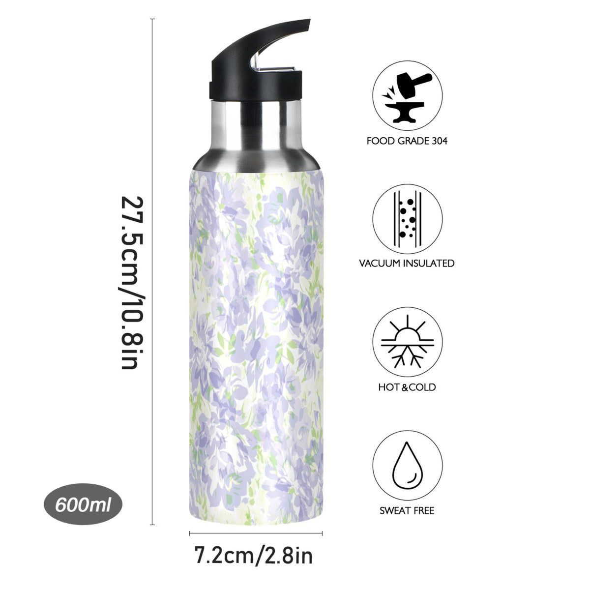 Purple Green Floral Stainless Steel Water Bottle with Straw Lid 20 OZ C688