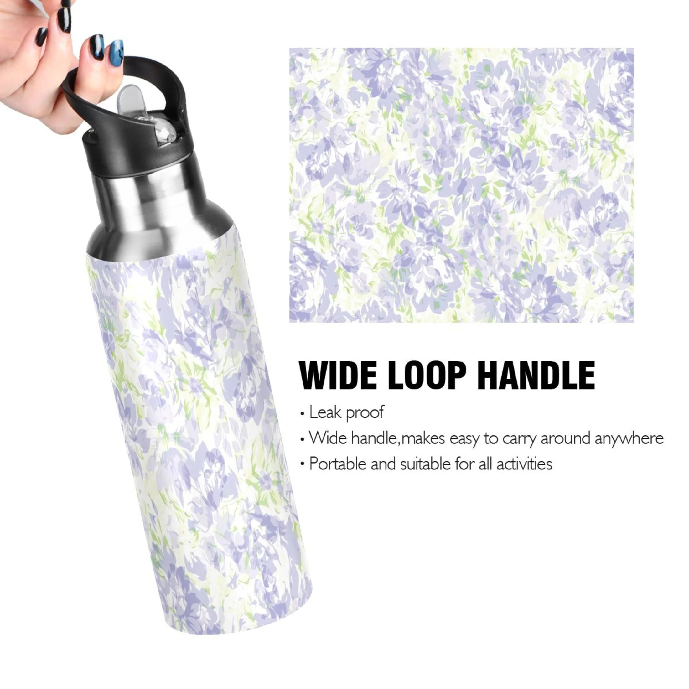 Purple Green Floral Stainless Steel Water Bottle with Straw Lid 20 OZ C688