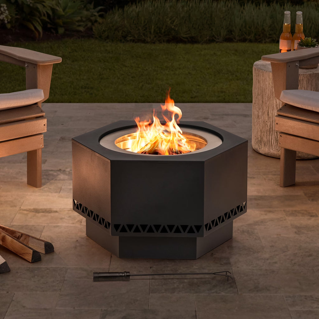 Black Hexagonal Smokeless Fire Pit with PVC Cover and Fire Poker D88520