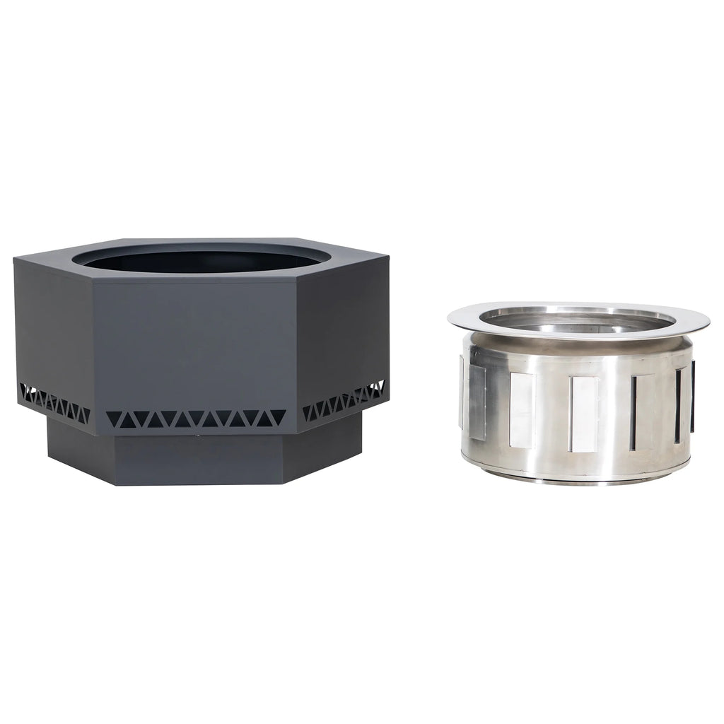 Black Hexagonal Smokeless Fire Pit with PVC Cover and Fire Poker D88520