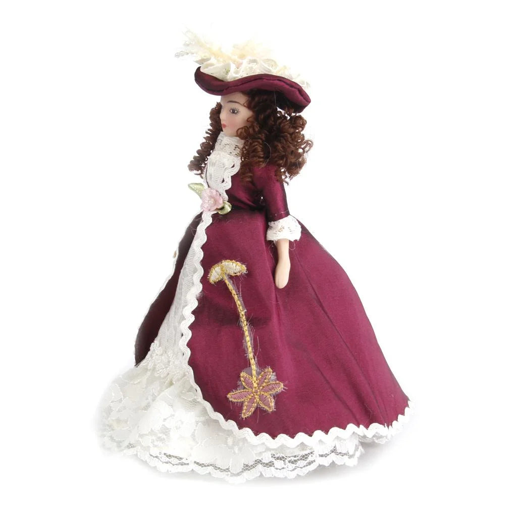 Porcelain Women Dolls with Brown Curly Hair in Elegant Dress and Hat G1129
