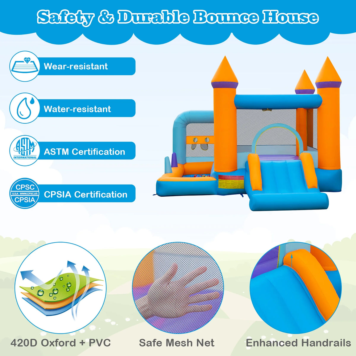 5-in-1 Inflatable Bounce Castle with Ocean Balls & 735W Blower L837899