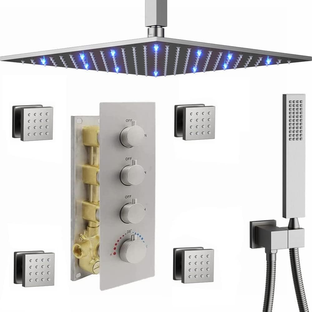 Matte Black Thermostatic Shower System 16 Inch LED Shower Head 4 PCS Body Spray Set N604928