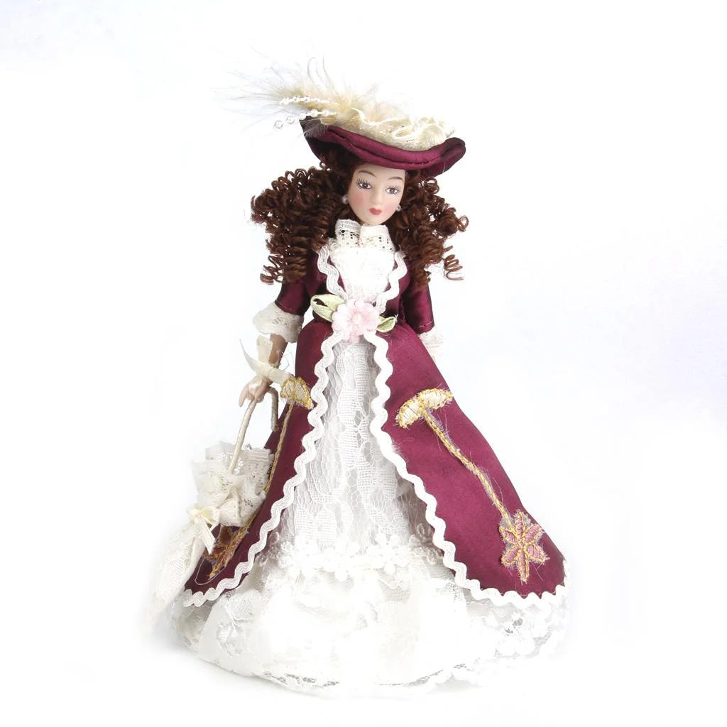 Porcelain Women Dolls with Brown Curly Hair in Elegant Dress and Hat G1129