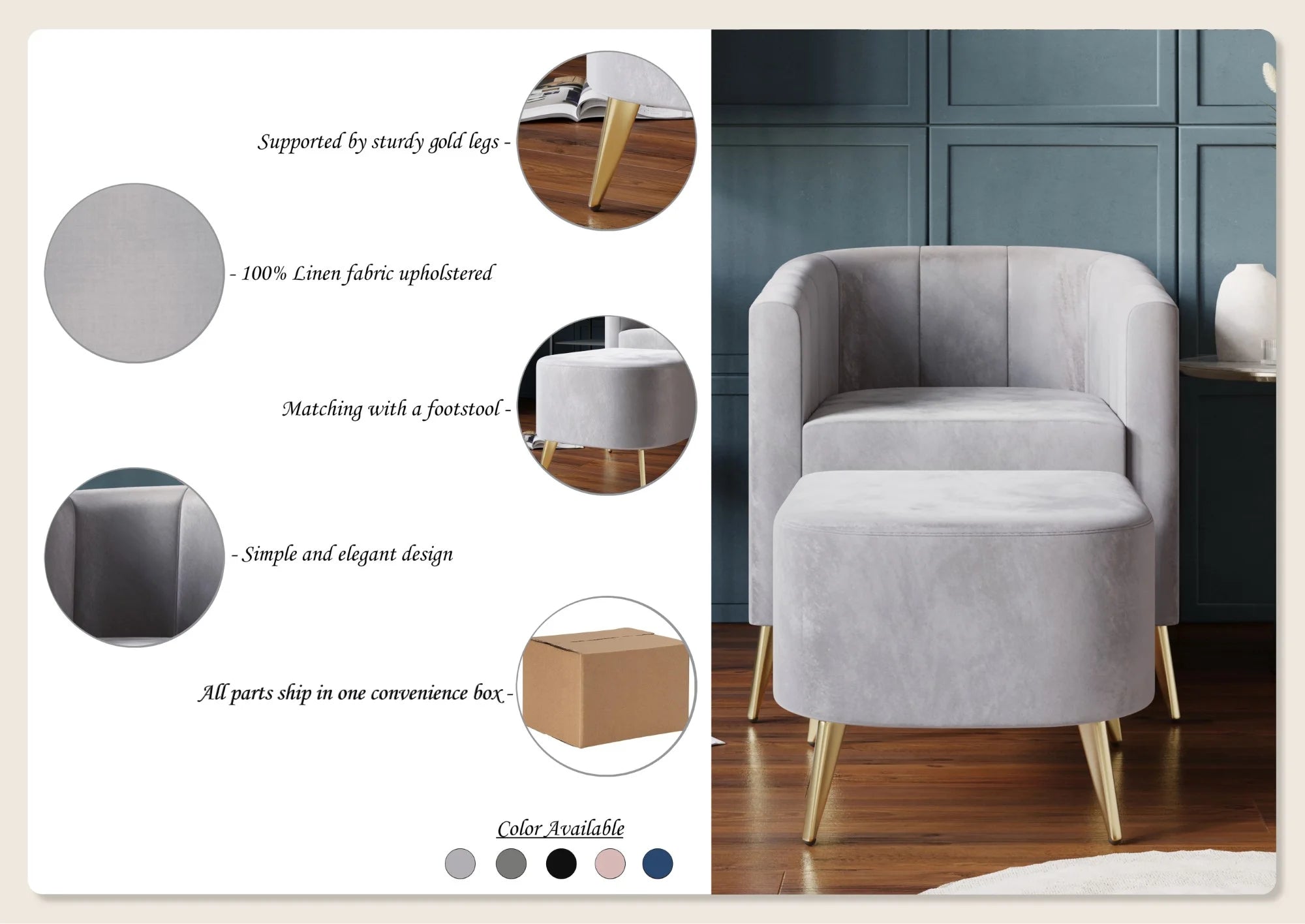 Navy Blue Velvet Accent Chair with Stool A7153