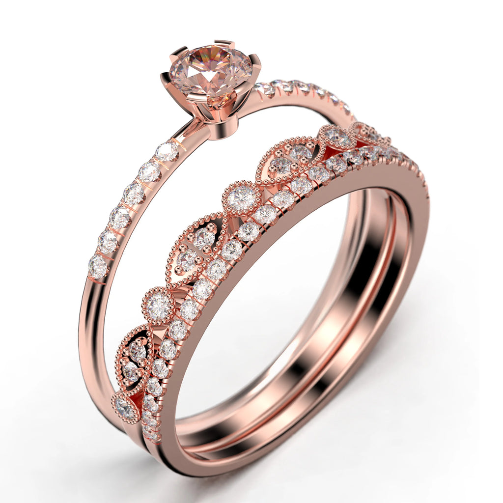 1.55 Carat Round Cut Morganite And Diamond Moissanite Engagement Ring Trio Set in 925 Sterling Silver With 18k Rose Gold Plating L380064
