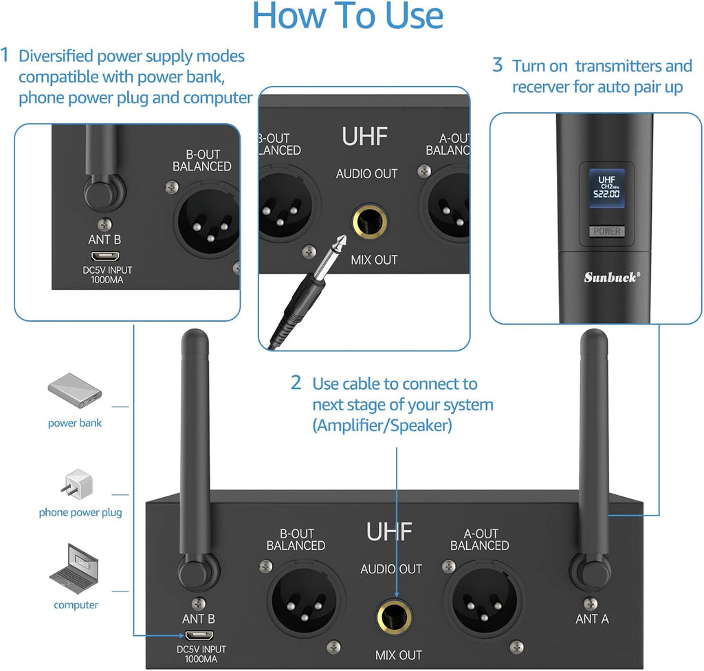 Portable Wireless UHF Karaoke Microphone with 2 Handheld Mics, 280ft Range, Pack of 2 T6052